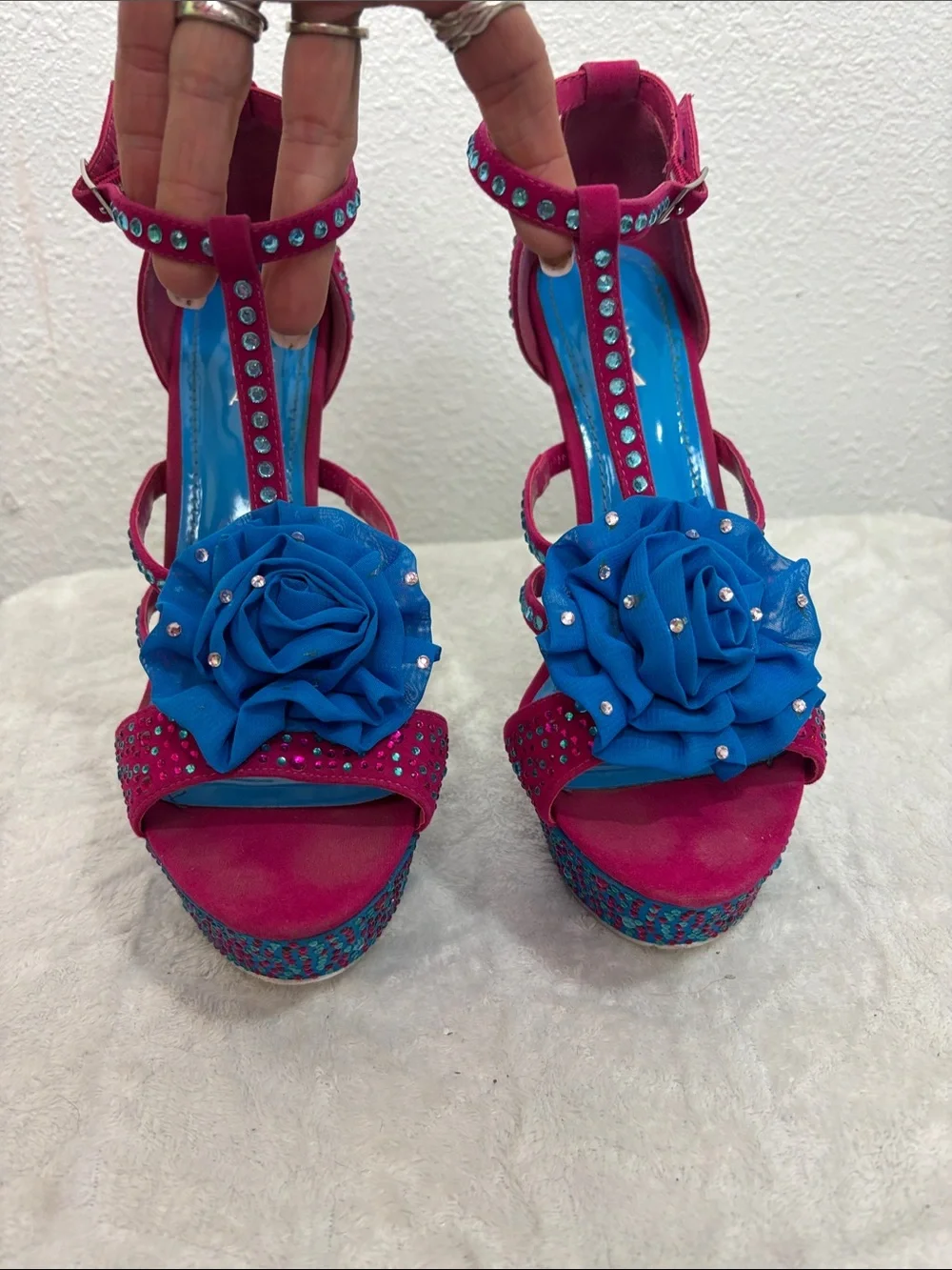 Alba Hot Pink & Blue Rhinestone Platform Heels Size 10 | 6” Stiletto Floral Glam